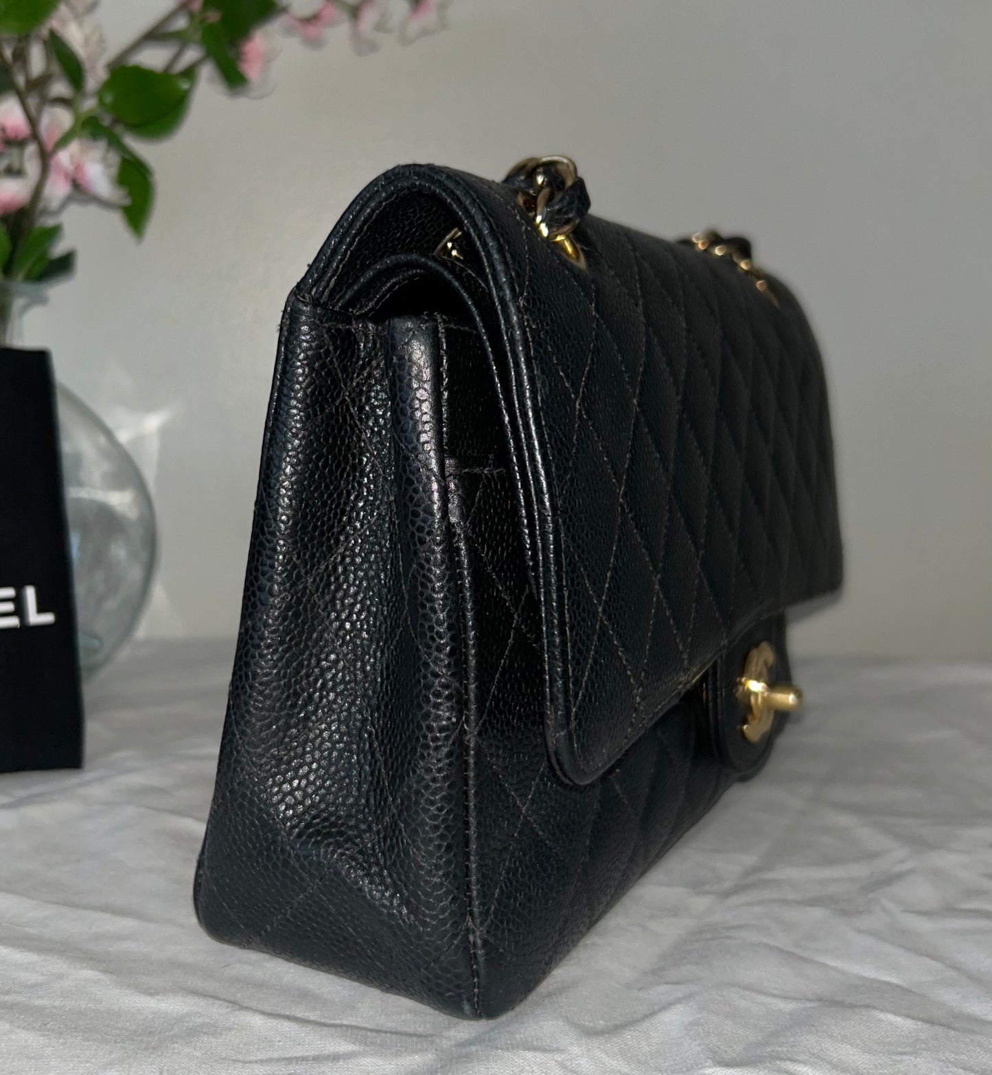 CHANEL Medium Classic Double Flap Caviar Quilted Handbag Black / 24K Gold