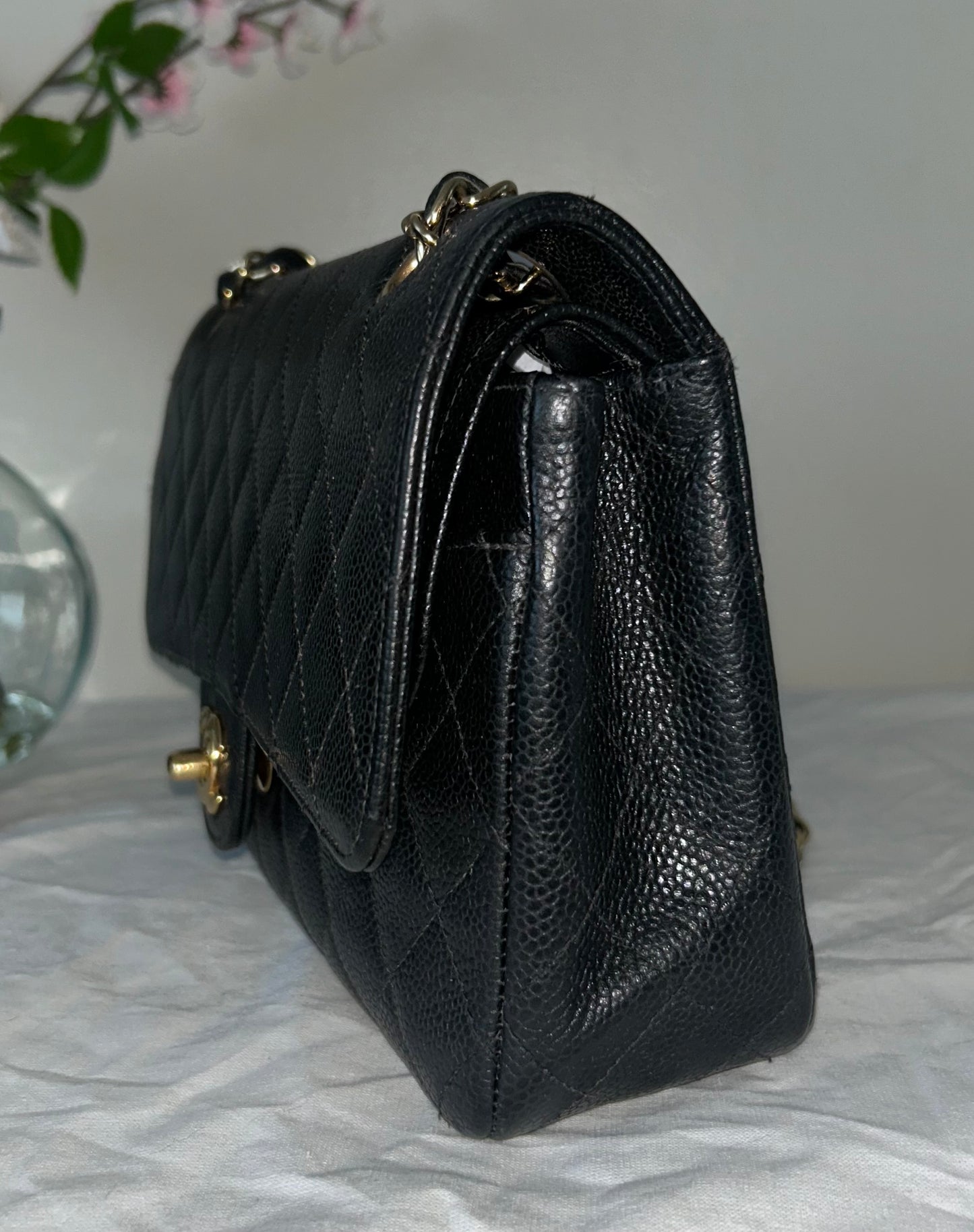 CHANEL Medium Classic Double Flap Caviar Quilted Handbag Black / 24K Gold