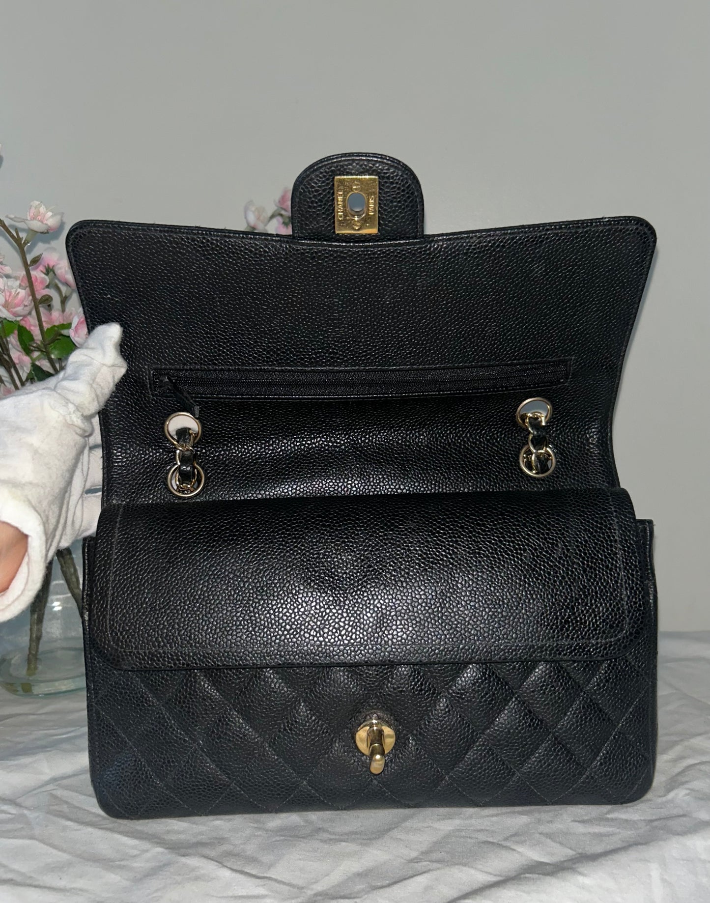 CHANEL Medium Classic Double Flap Caviar Quilted Handbag Black / 24K Gold