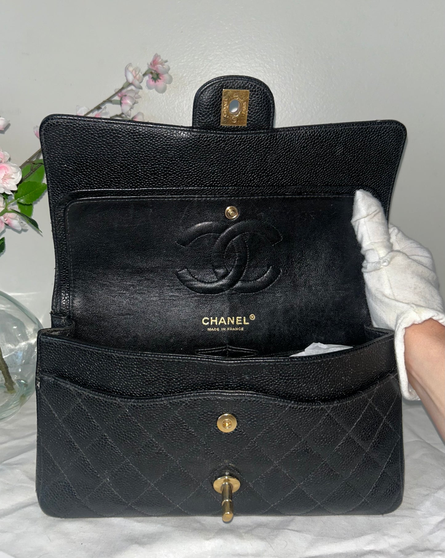 CHANEL Medium Classic Double Flap Caviar Quilted Handbag Black / 24K Gold