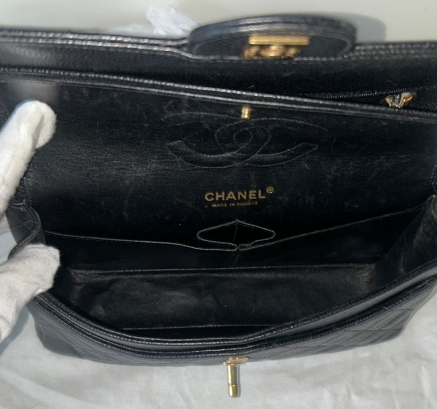CHANEL Medium Classic Double Flap Caviar Quilted Handbag Black / 24K Gold
