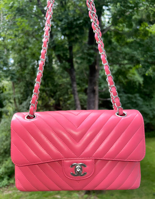 CHANEL Classic CC Small Double Flap Chevron Quilted Handbag Pink