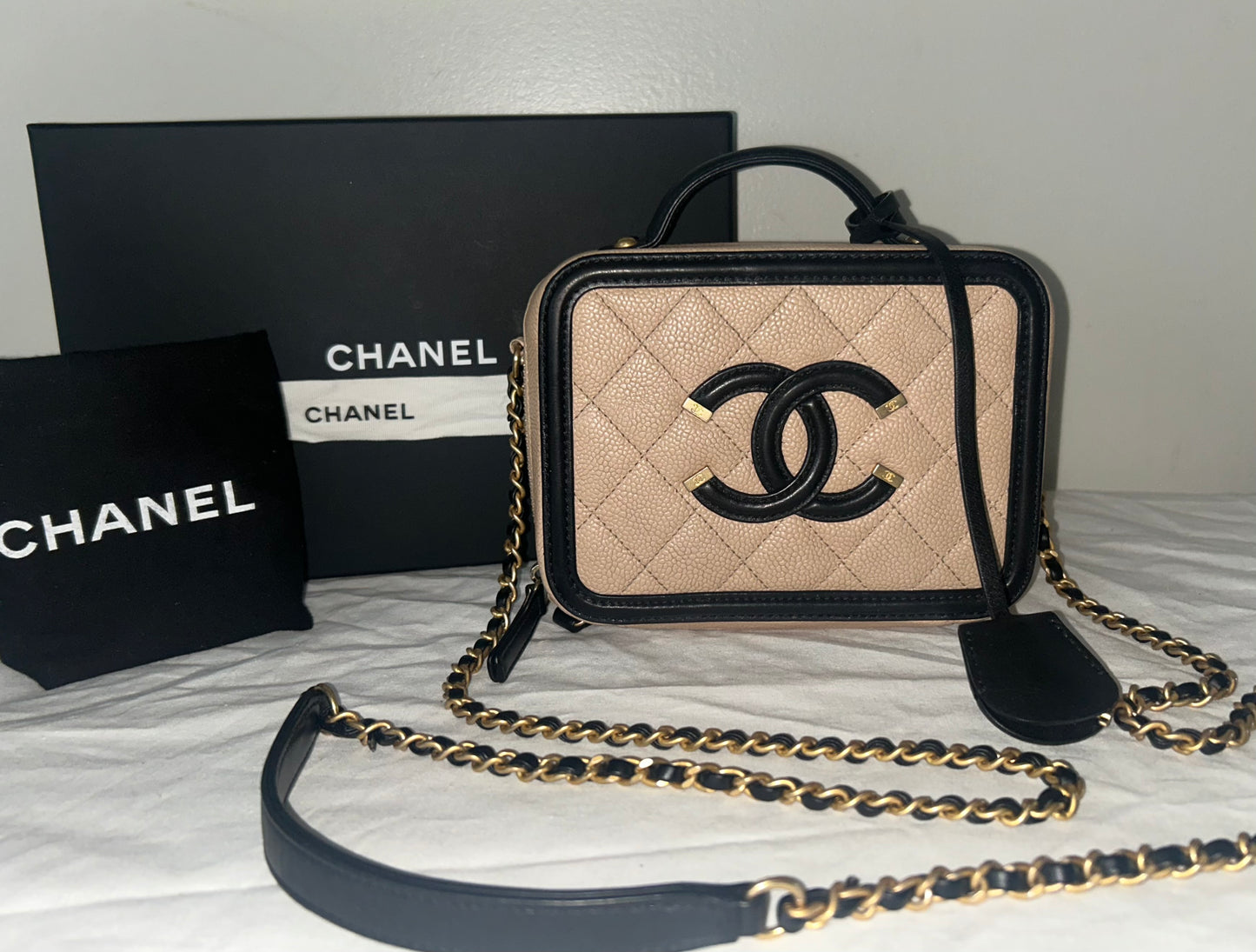 CHANEL Small CC Filigree Crossbody Bag Quilted Caviar Leather Beige/Black