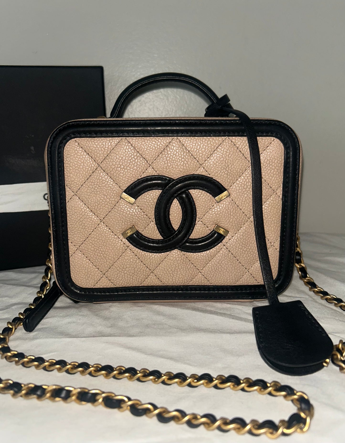 CHANEL Small CC Filigree Crossbody Bag Quilted Caviar Leather Beige/Black