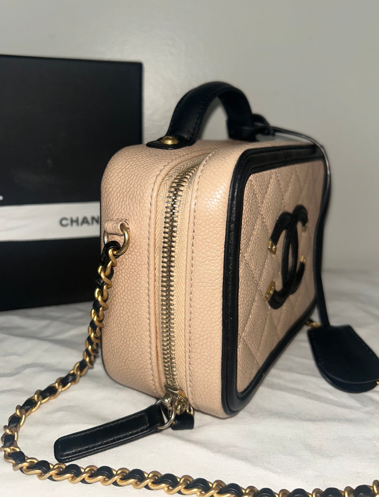 CHANEL Small CC Filigree Crossbody Bag Quilted Caviar Leather Beige/Black