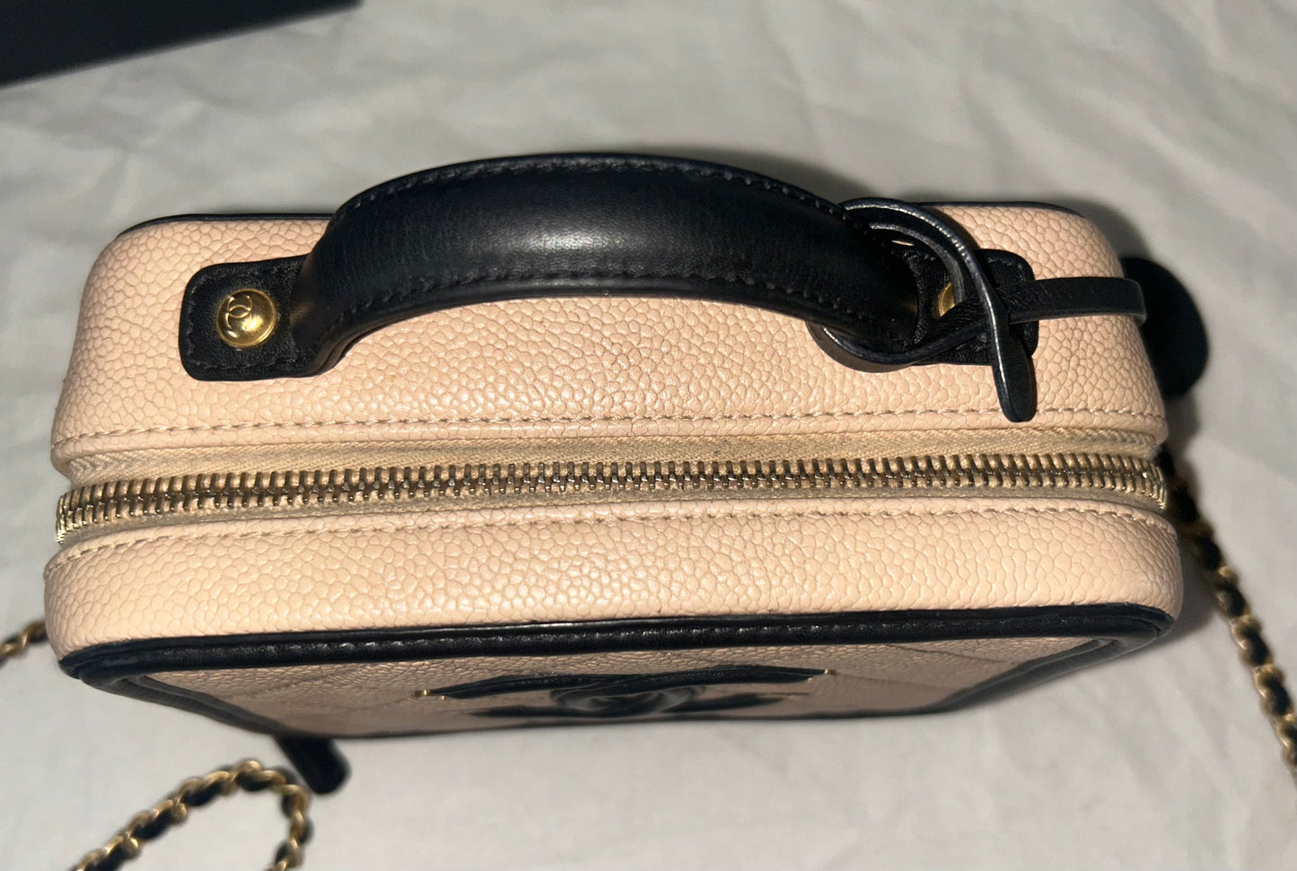 CHANEL Small CC Filigree Crossbody Bag Quilted Caviar Leather Beige/Black
