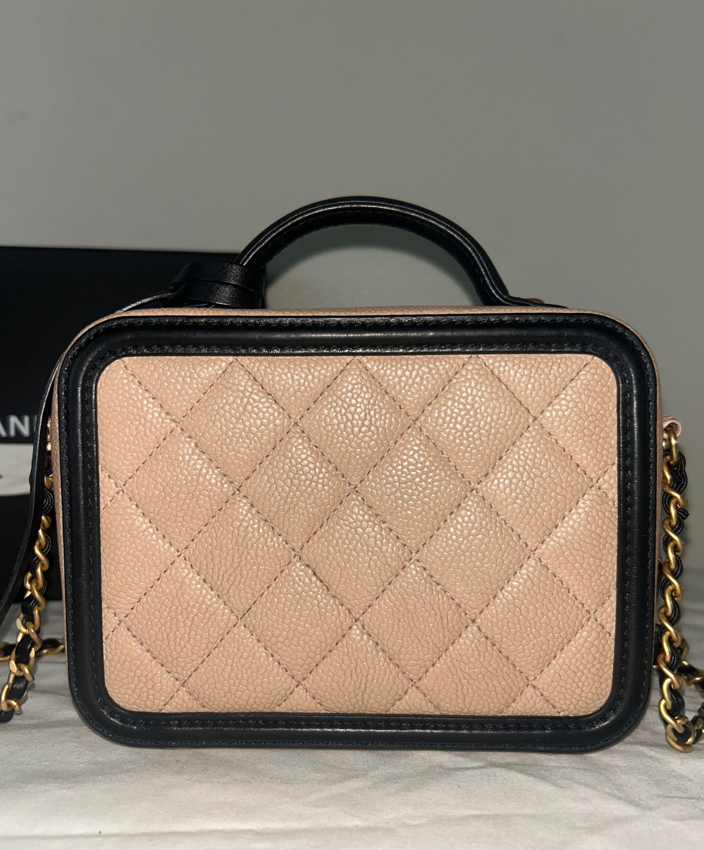CHANEL Small CC Filigree Crossbody Bag Quilted Caviar Leather Beige/Black