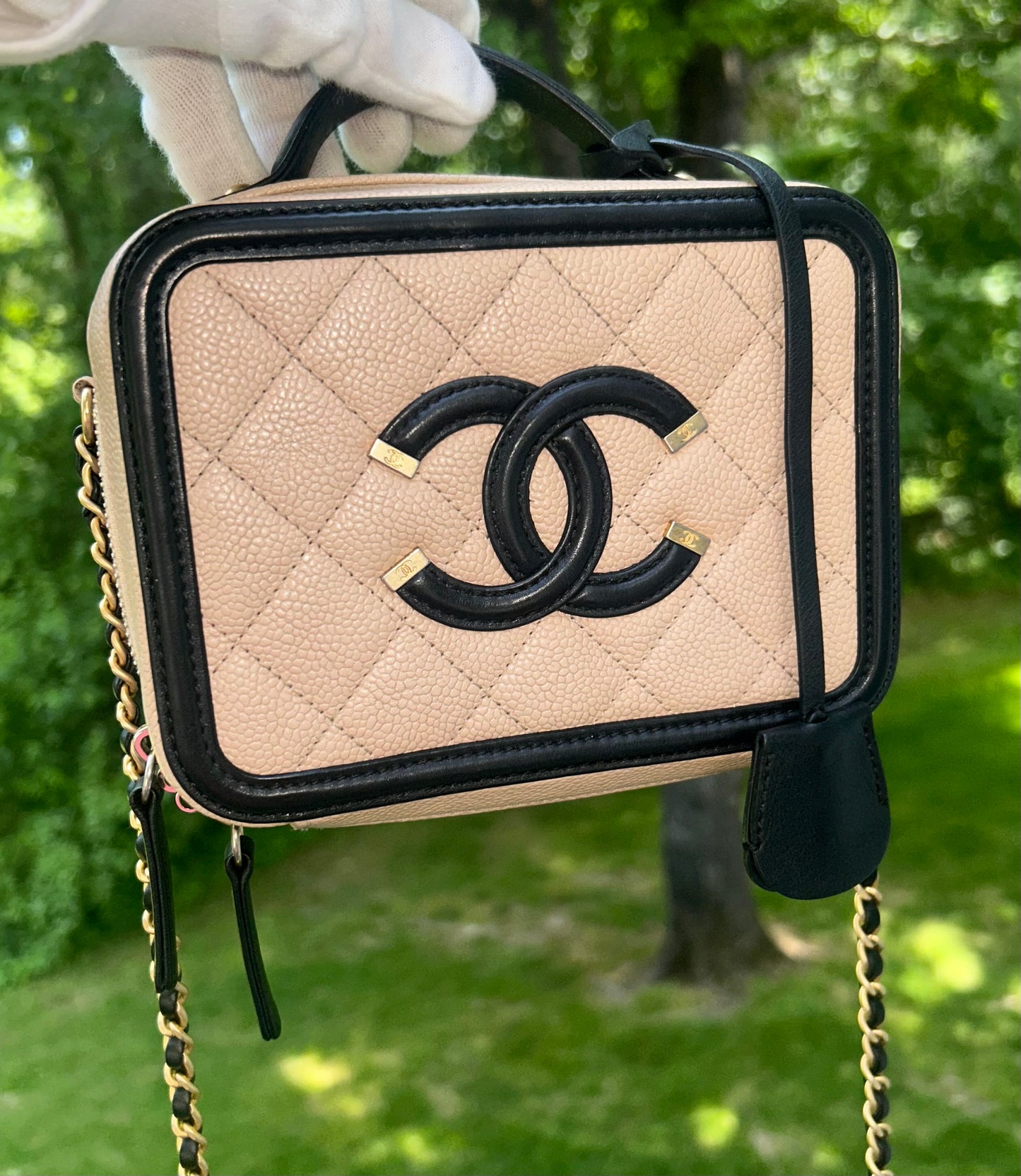 CHANEL Small CC Filigree Crossbody Bag Quilted Caviar Leather Beige/Black