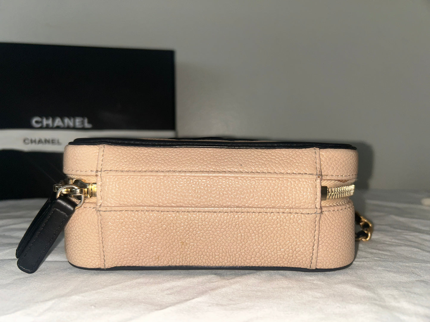 CHANEL Small CC Filigree Crossbody Bag Quilted Caviar Leather Beige/Black