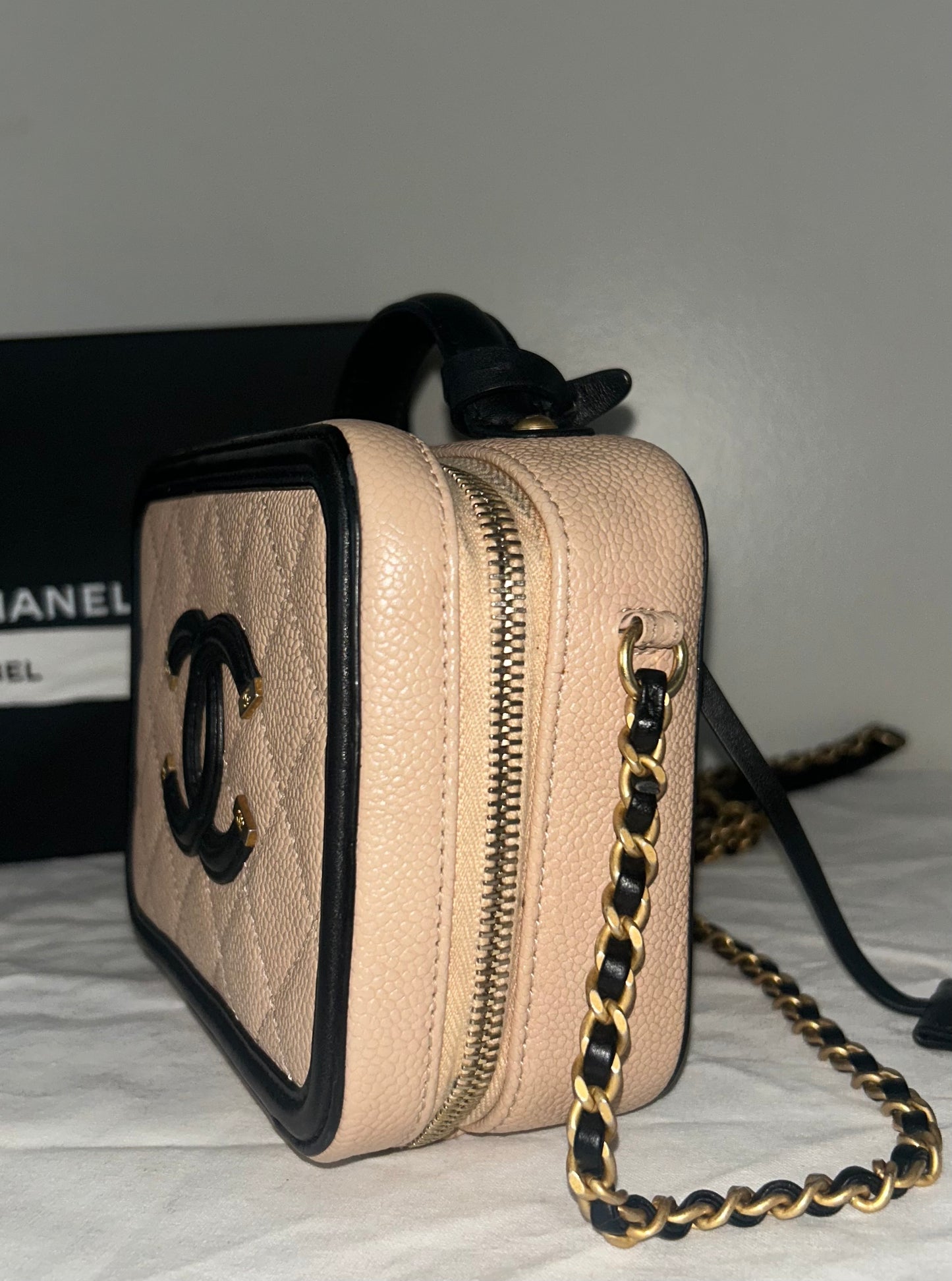 CHANEL Small CC Filigree Crossbody Bag Quilted Caviar Leather Beige/Black