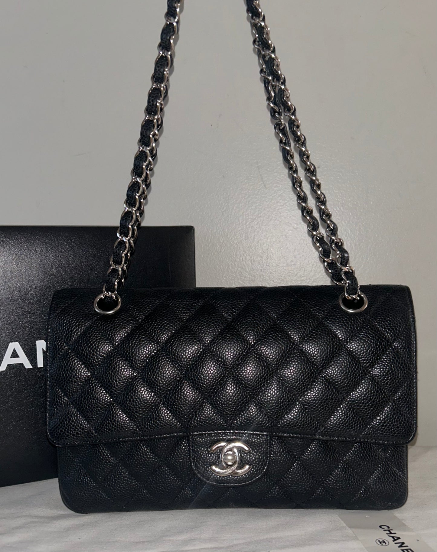 CHANEL Classic Medium Double Flap Quilted Caviar Handbag Black