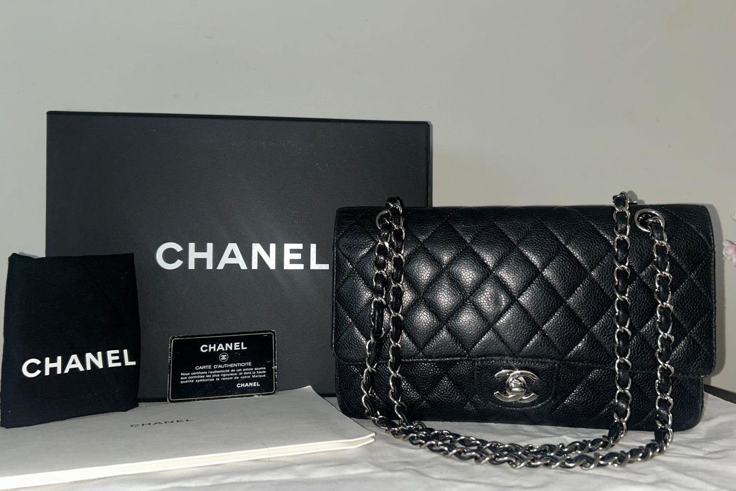 CHANEL Medium Classic Double Flap Caviar Quilted Handbag Black