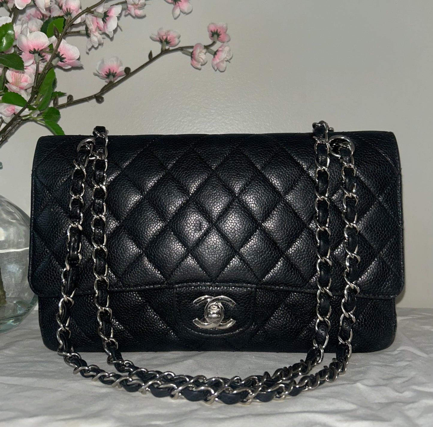 CHANEL Medium Classic Double Flap Caviar Quilted Handbag Black