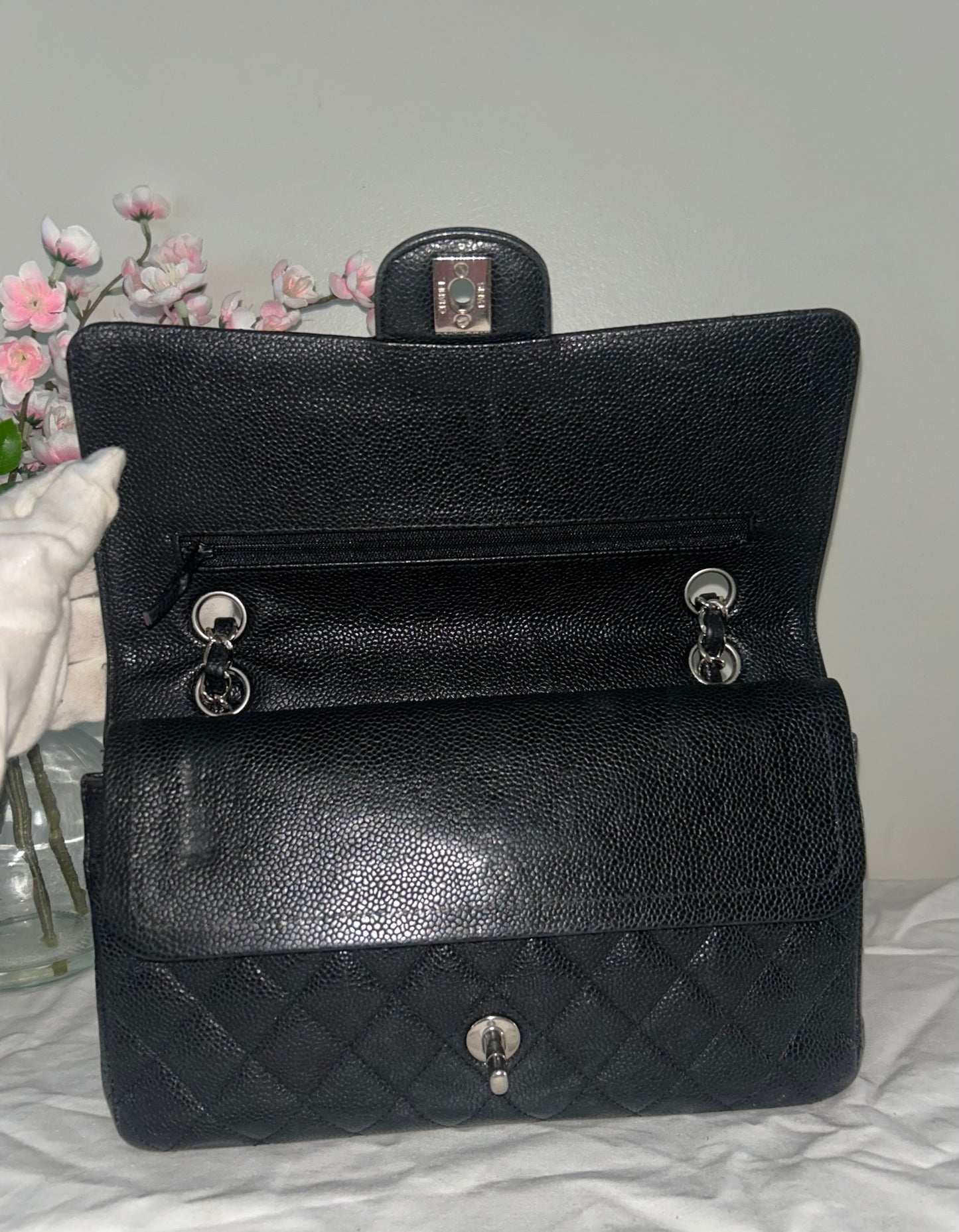 CHANEL Medium Classic Double Flap Caviar Quilted Handbag Black