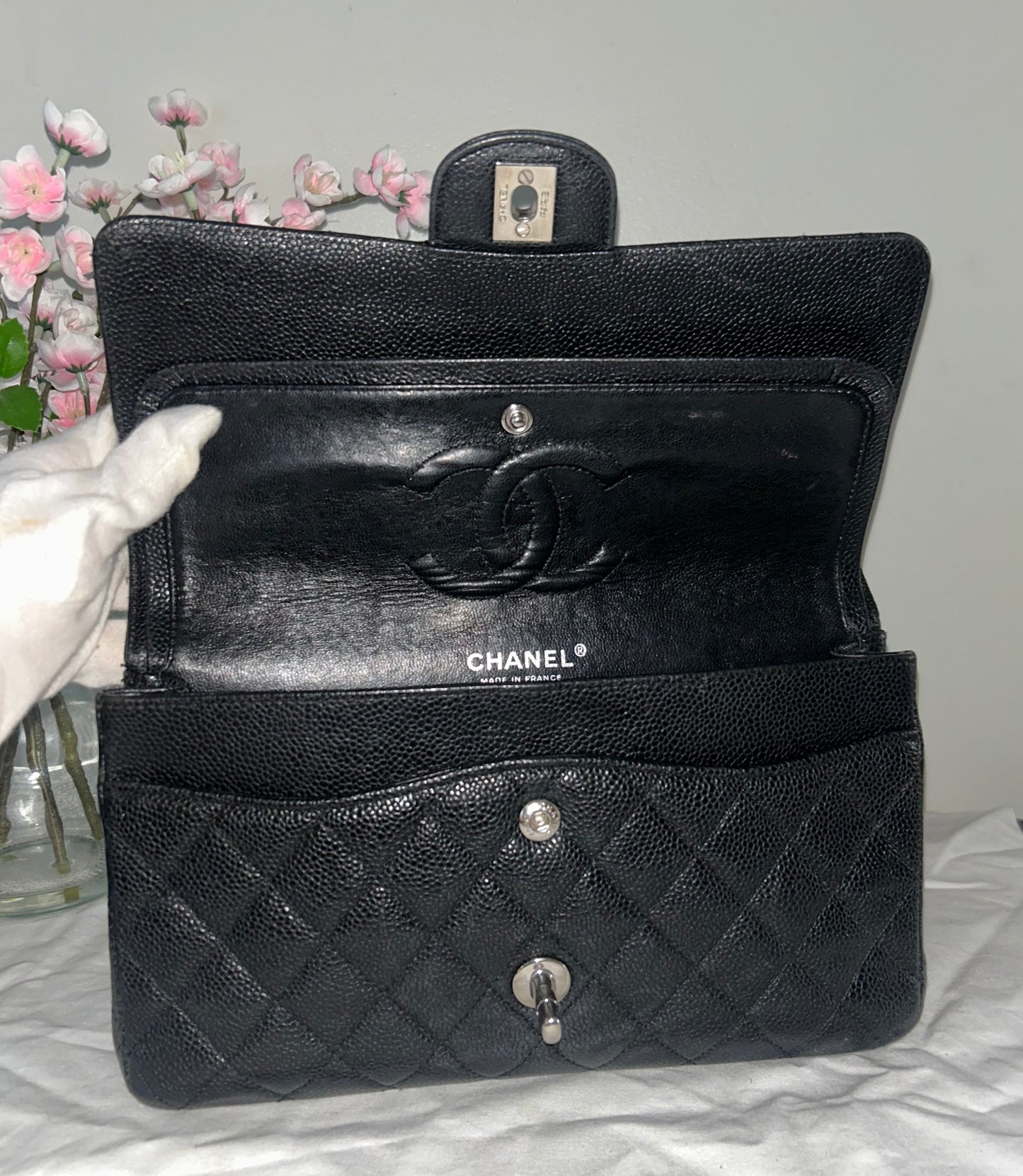 CHANEL Medium Classic Double Flap Caviar Quilted Handbag Black