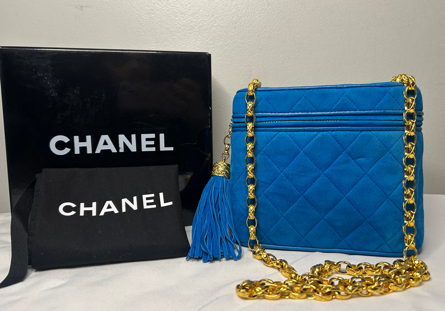 CHANEL Vintage Turquoise Suede Camera Crossbody Bag w/ Tassel 24K Gold Hardware