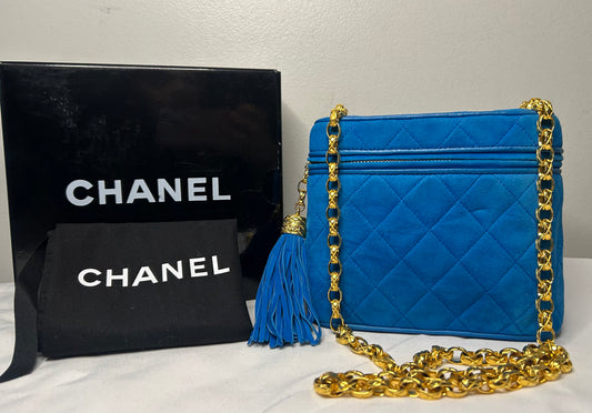 CHANEL Vintage Turquoise Suede Camera Crossbody Bag w/ Tassel 24K Gold Hardware