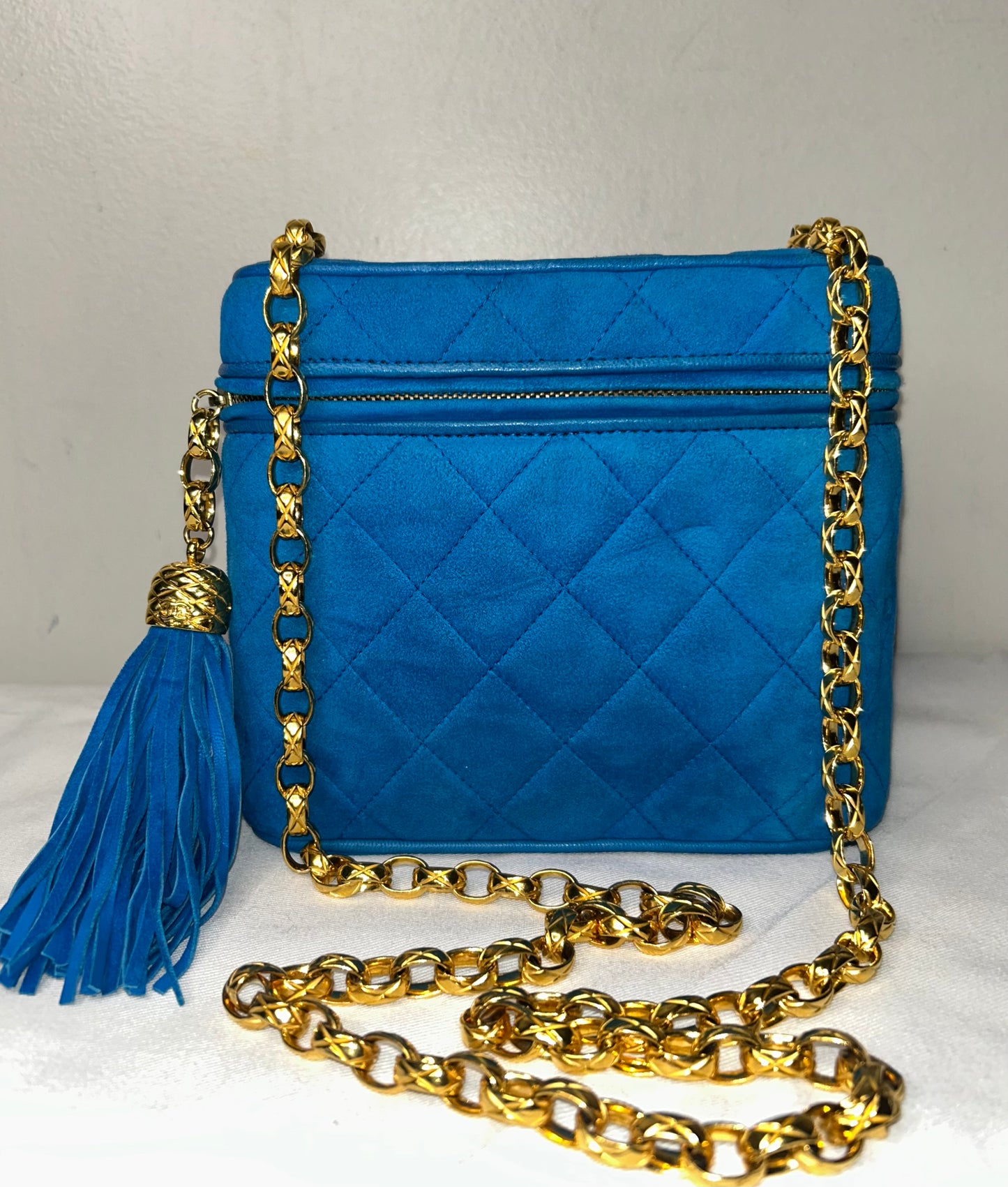 CHANEL Vintage Turquoise Suede Camera Crossbody Bag w/ Tassel 24K Gold Hardware