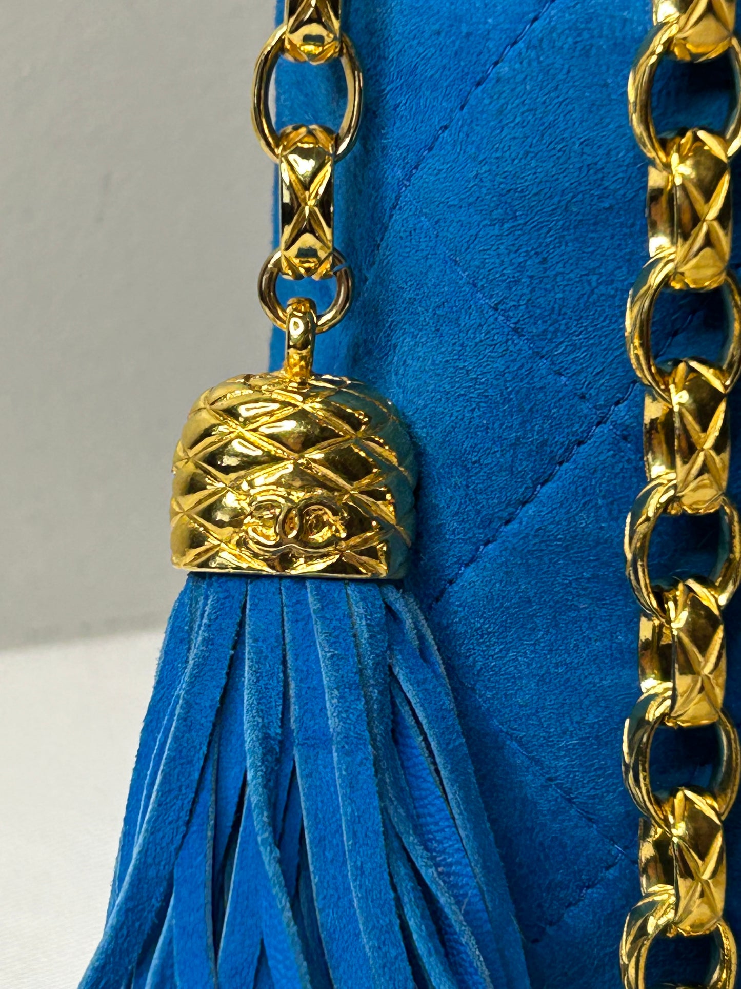 CHANEL Vintage Turquoise Suede Camera Crossbody Bag w/ Tassel 24K Gold Hardware