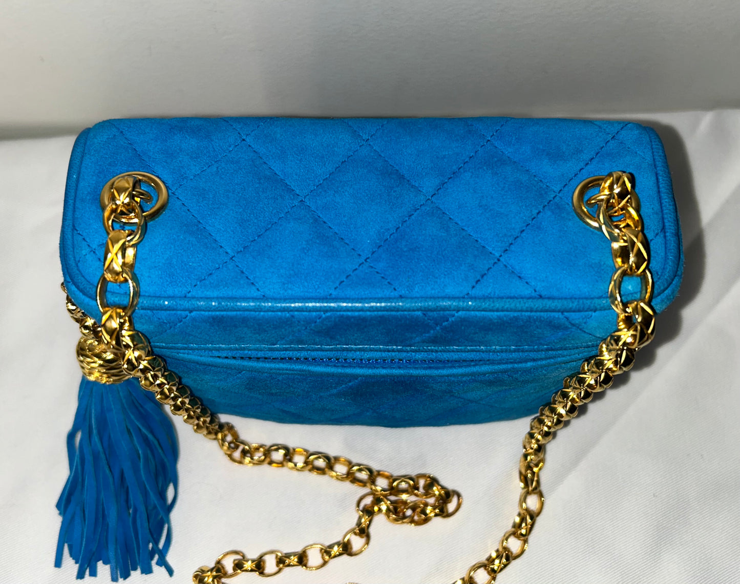 CHANEL Vintage Turquoise Suede Camera Crossbody Bag w/ Tassel 24K Gold Hardware