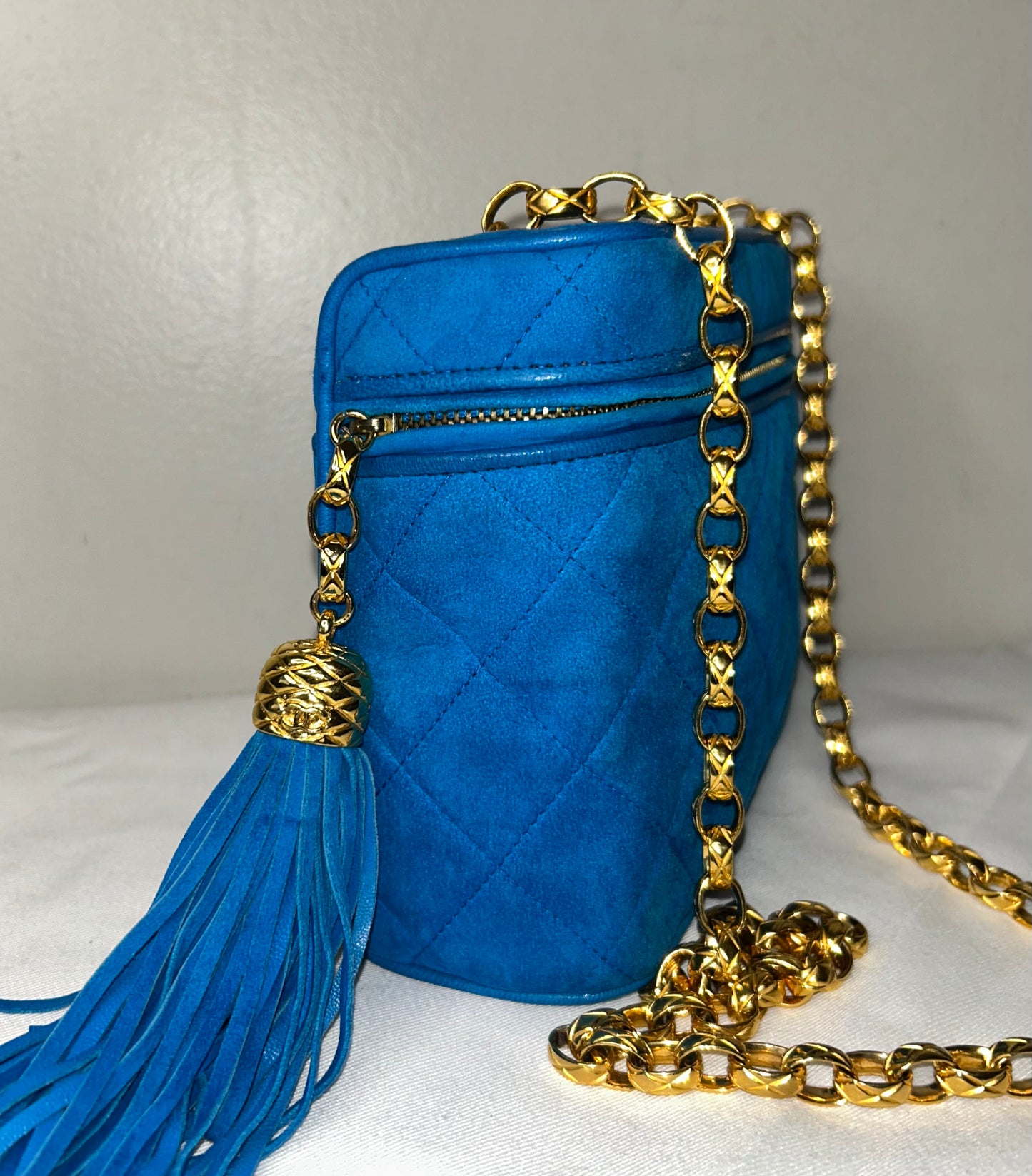 CHANEL Vintage Turquoise Suede Camera Crossbody Bag w/ Tassel 24K Gold Hardware