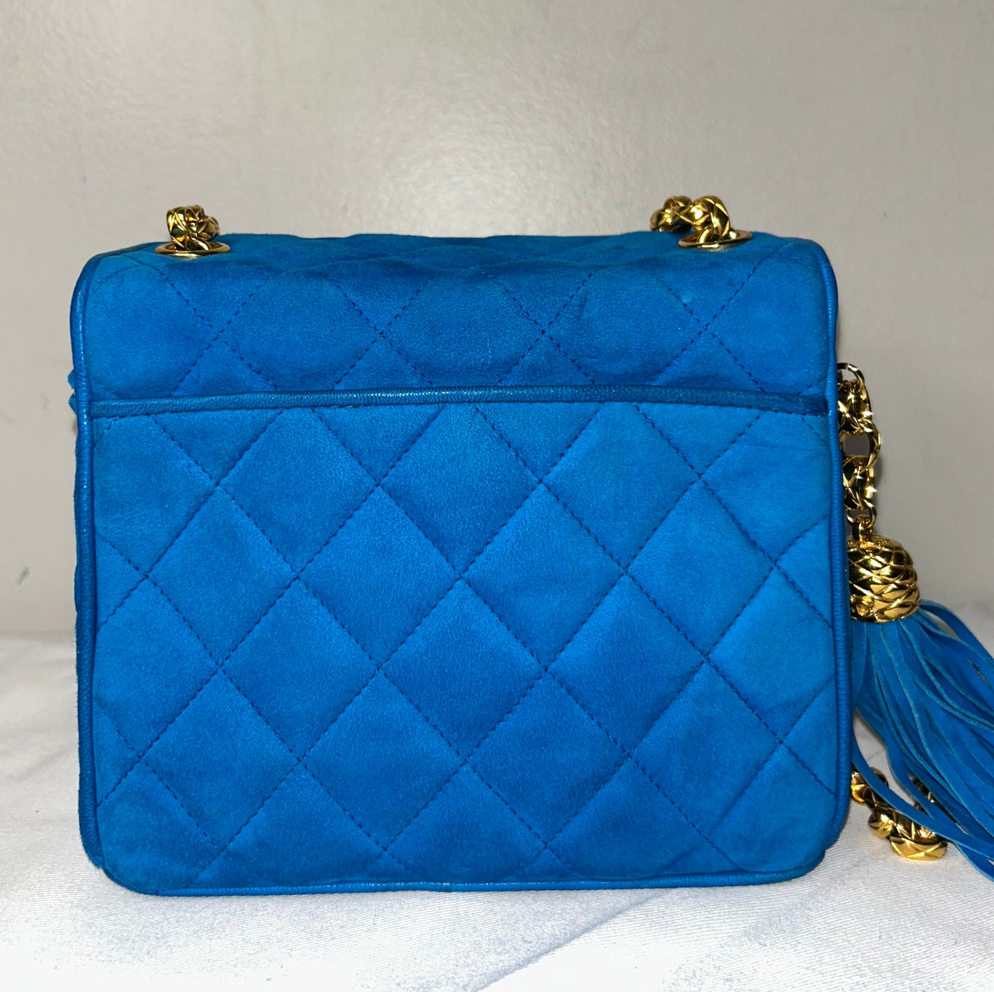 CHANEL Vintage Turquoise Suede Camera Crossbody Bag w/ Tassel 24K Gold Hardware