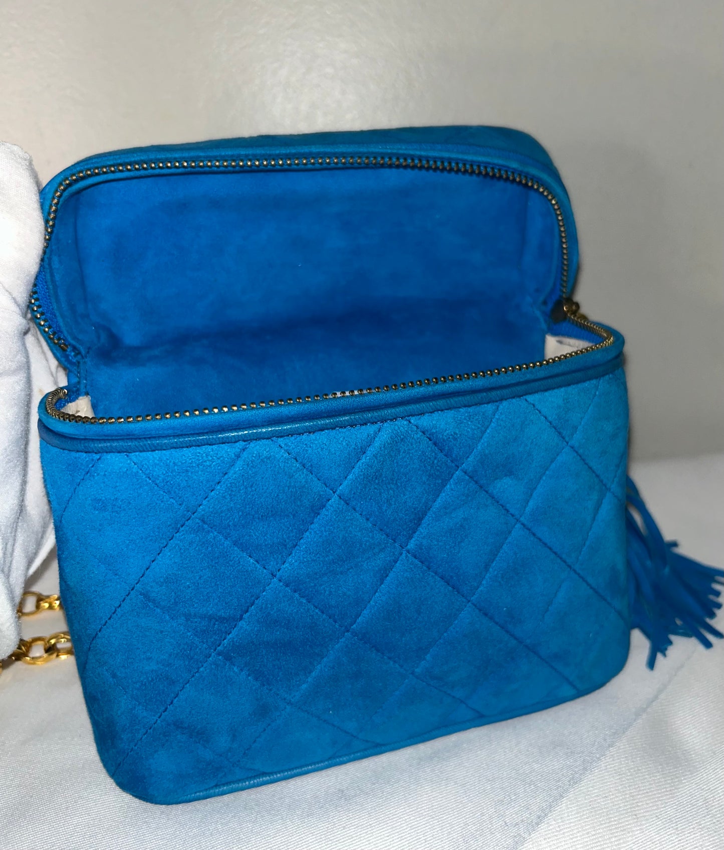 CHANEL Vintage Turquoise Suede Camera Crossbody Bag w/ Tassel 24K Gold Hardware