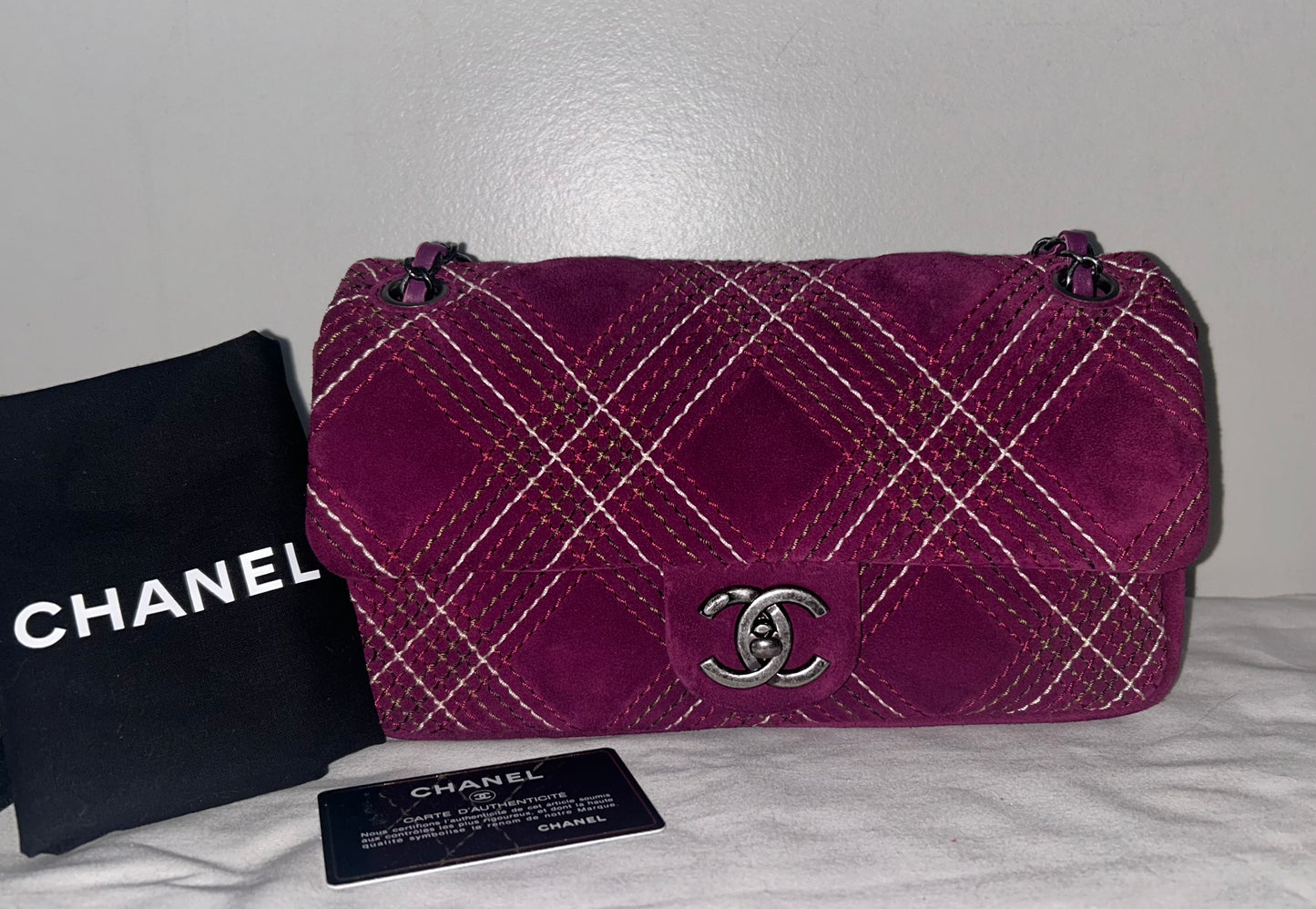 CHANEL Classic Quilted Suede Leather Medium Shoulder Bag Dark Purple