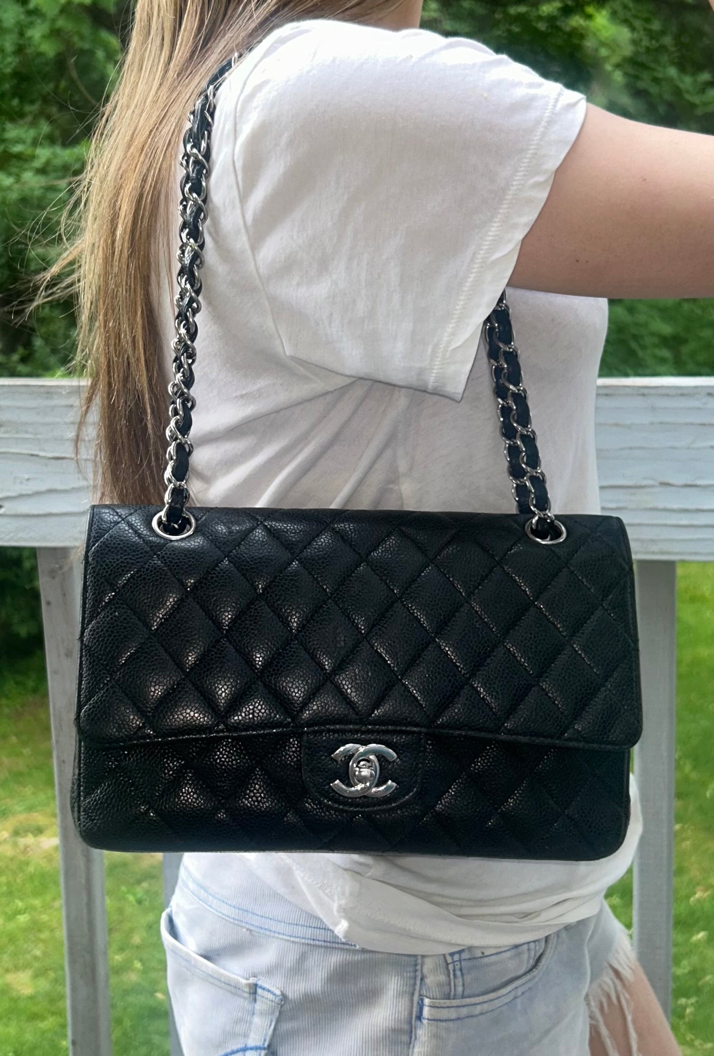 CHANEL Medium Classic Double Flap Caviar Quilted Handbag Black