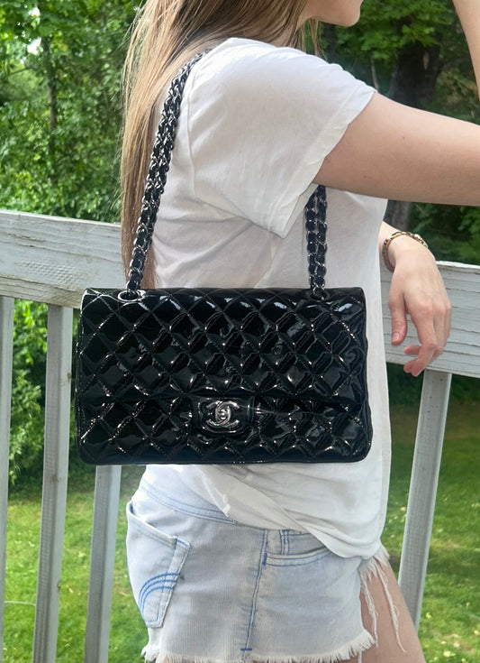 CHANEL Medium Classic Double Flap Patent Leather Quilted Handbag Black