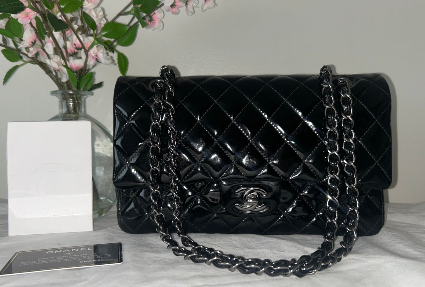 CHANEL Medium Classic Double Flap Patent Leather Quilted Handbag Black