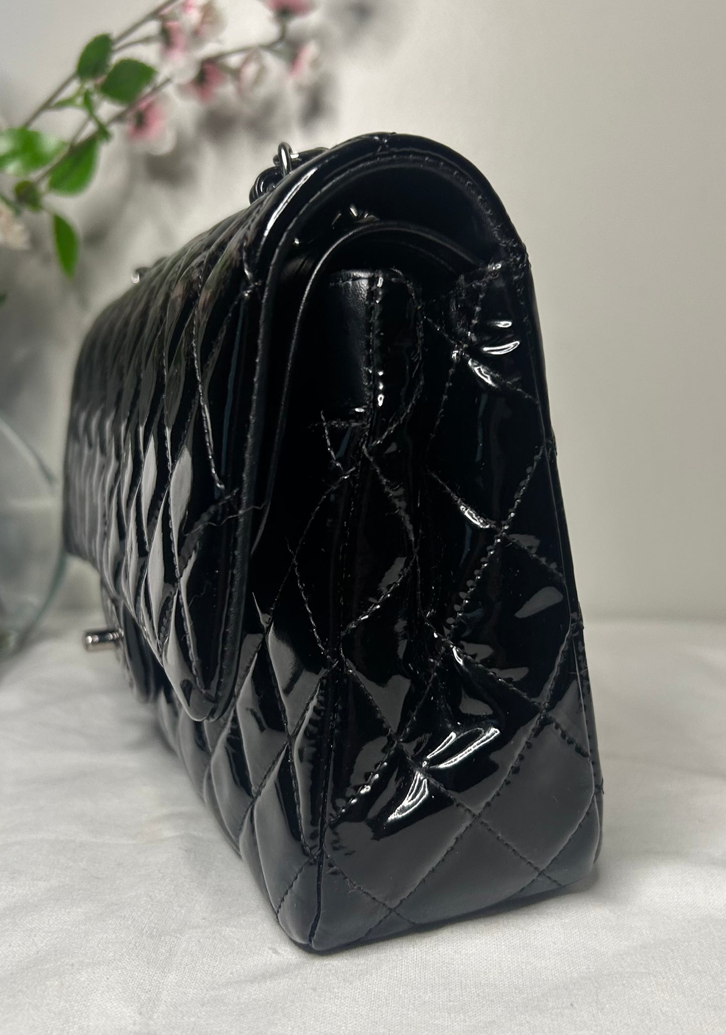 CHANEL Medium Classic Double Flap Patent Leather Quilted Handbag Black