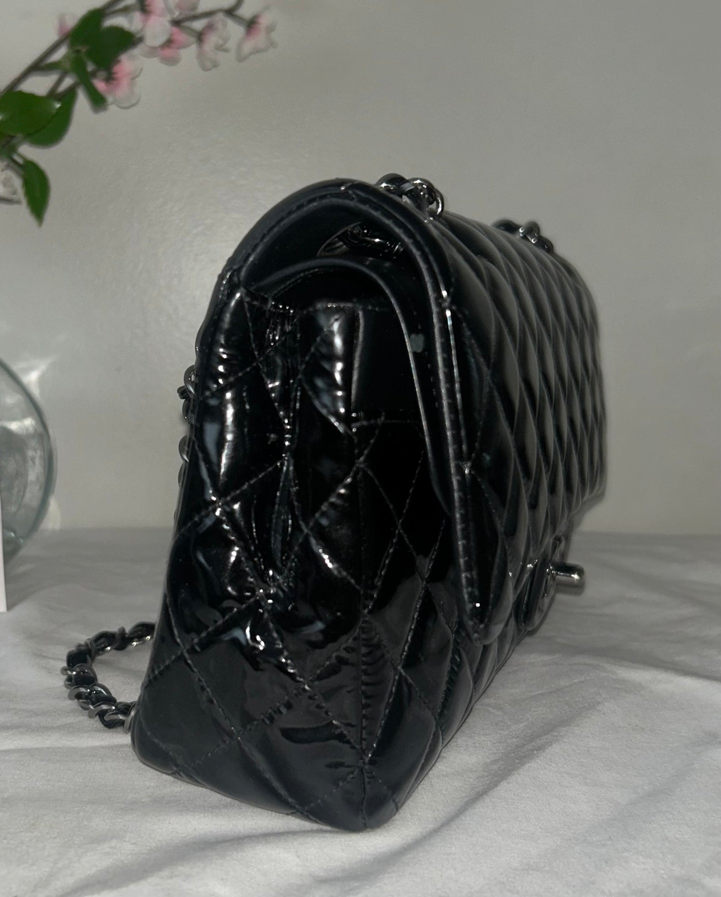 CHANEL Medium Classic Double Flap Patent Leather Quilted Handbag Black