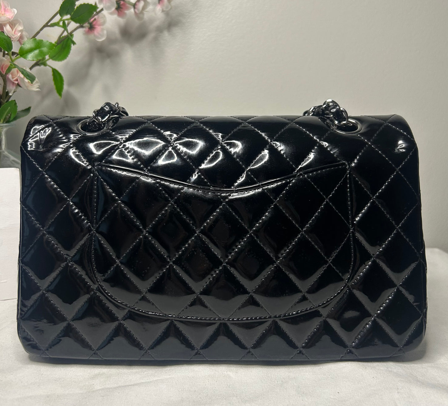 CHANEL Medium Classic Double Flap Patent Leather Quilted Handbag Black