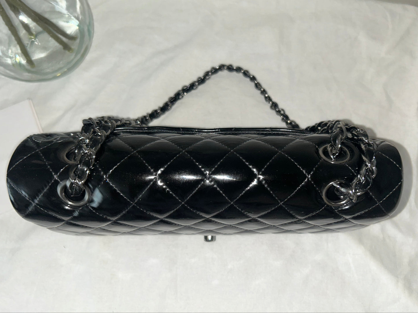 CHANEL Medium Classic Double Flap Patent Leather Quilted Handbag Black