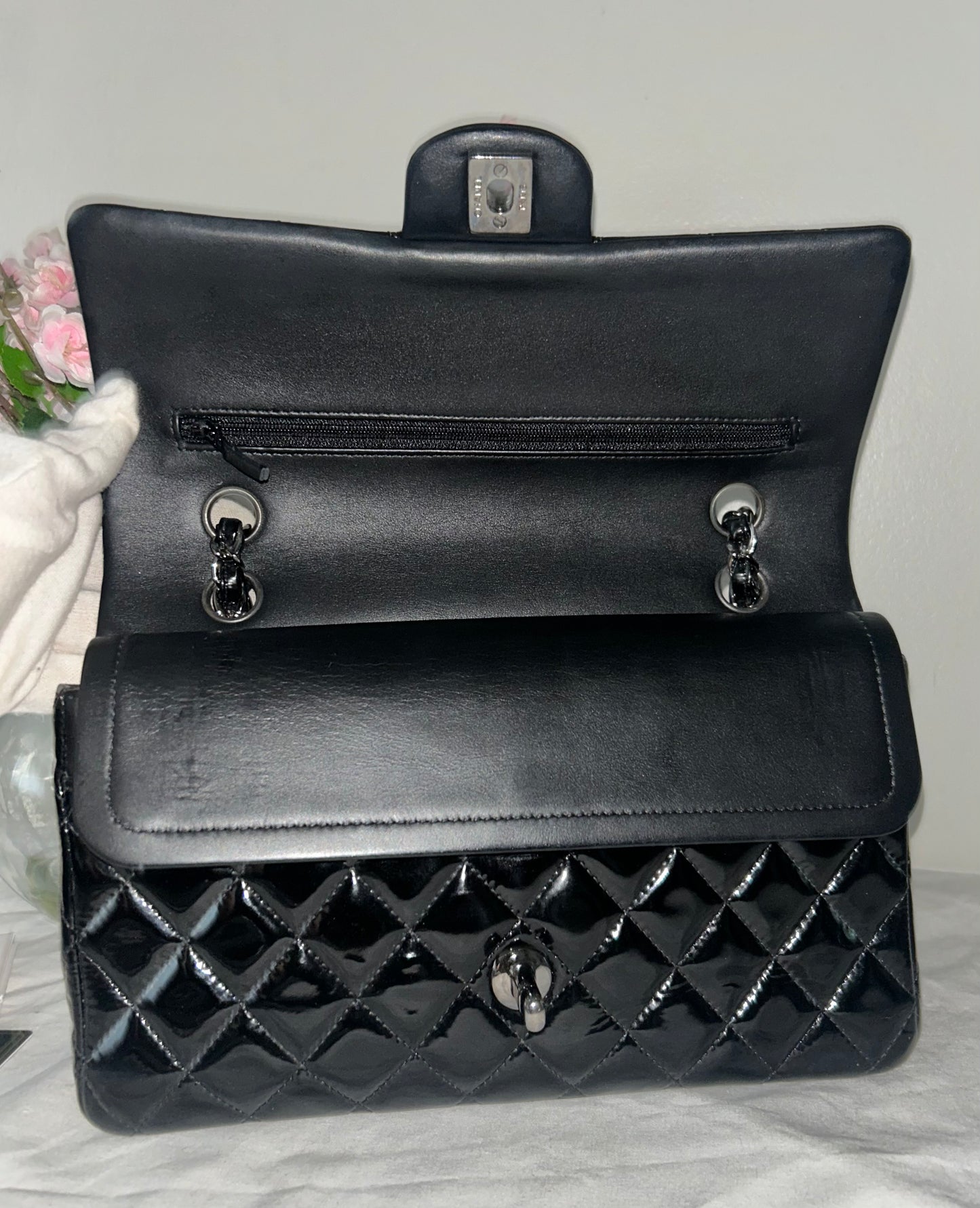 CHANEL Medium Classic Double Flap Patent Leather Quilted Handbag Black