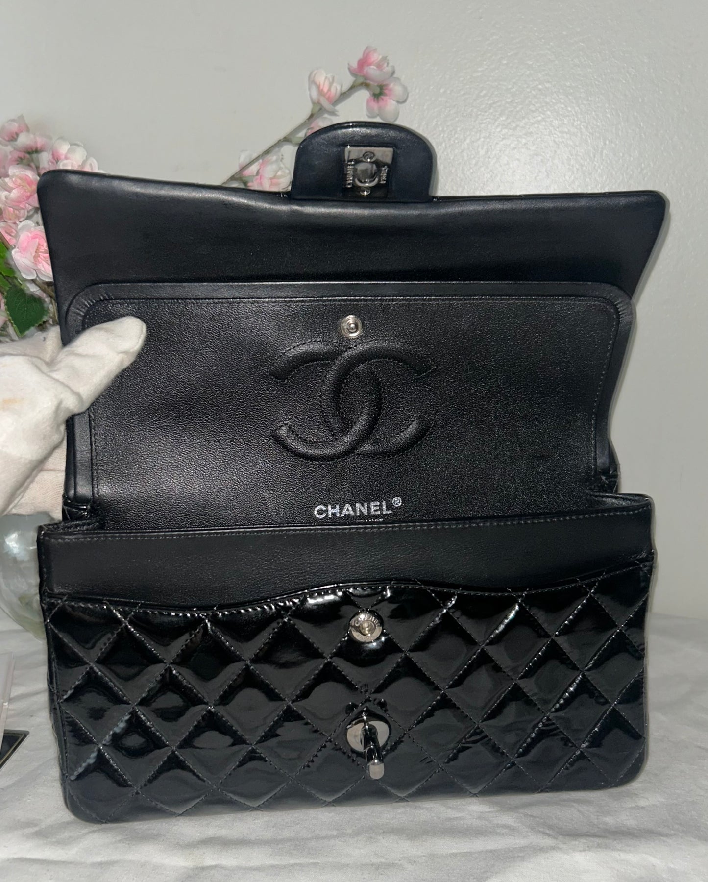 CHANEL Medium Classic Double Flap Patent Leather Quilted Handbag Black