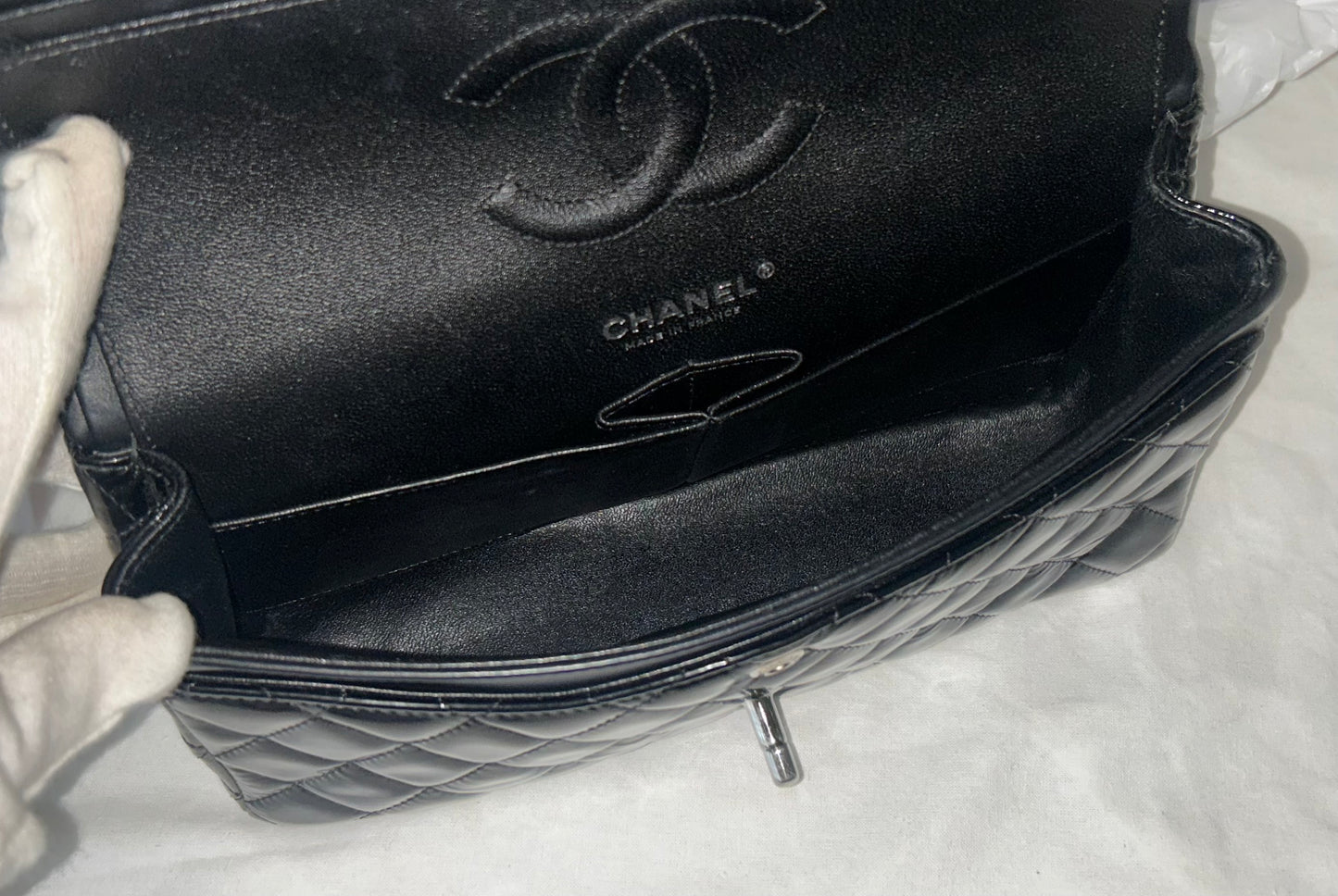CHANEL Medium Classic Double Flap Patent Leather Quilted Handbag Black