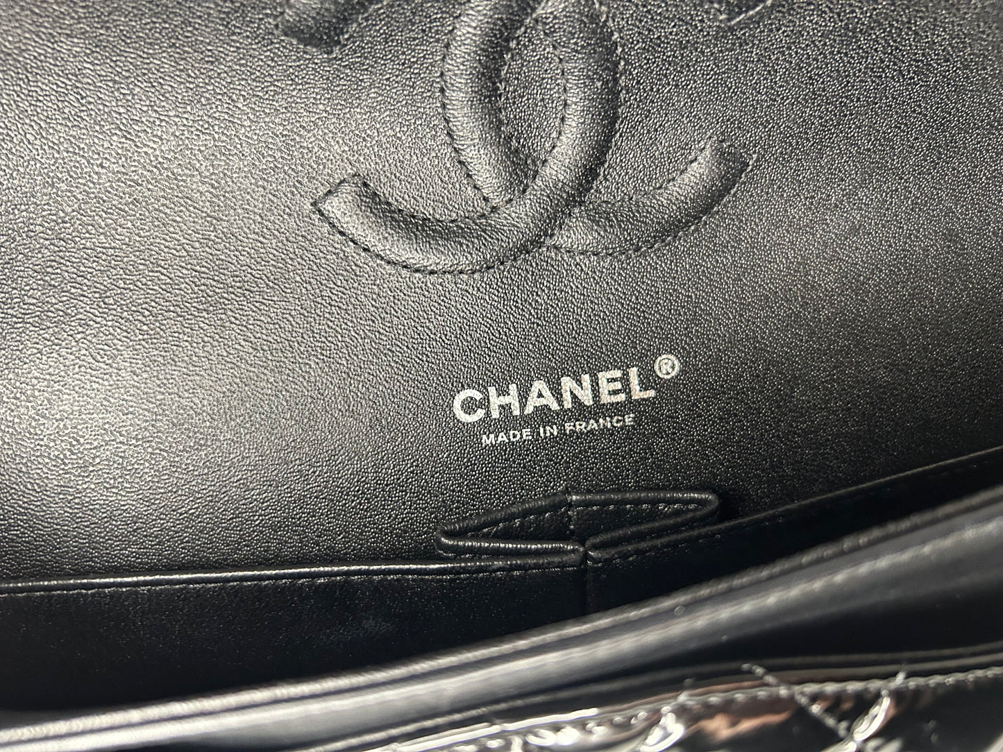 CHANEL Medium Classic Double Flap Patent Leather Quilted Handbag Black