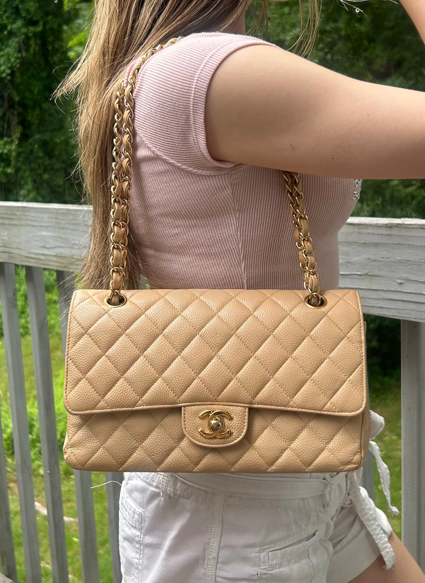 CHANEL Medium Classic Double Flap Caviar Quilted Handbag Beige/Gold Hardware