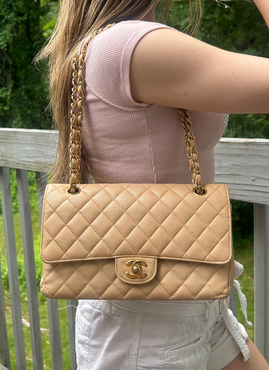 CHANEL Medium Classic Double Flap Caviar Quilted Handbag Beige/Gold Hardware