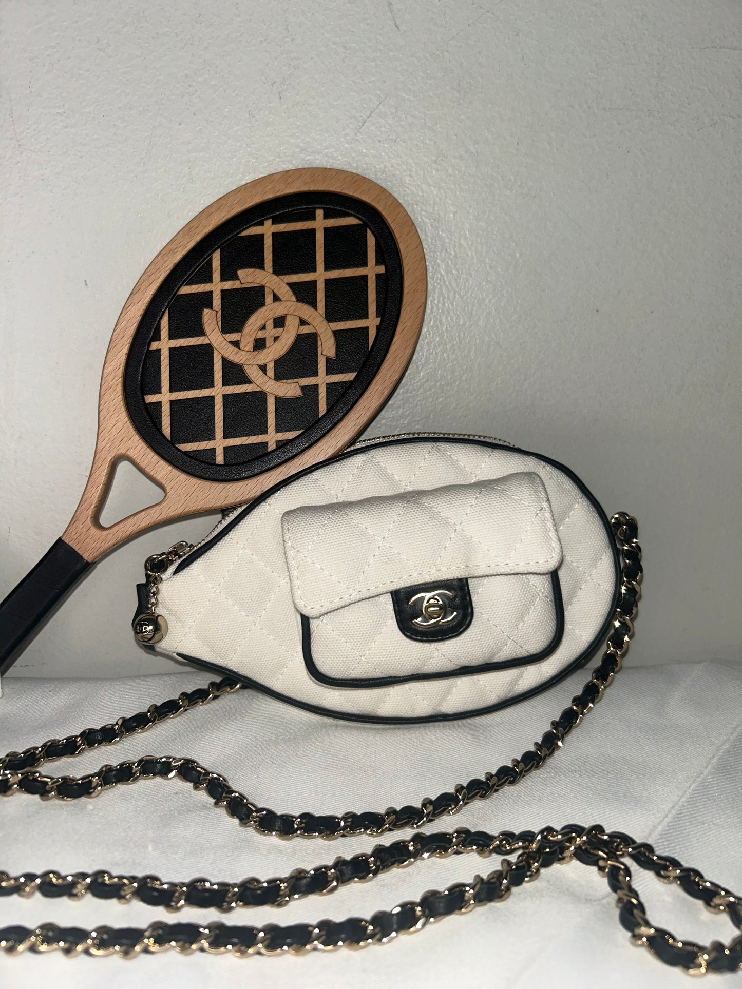 CHANEL 23C Tennis Racket Clutch Crossbody Bag with CC Vanity Mirror White/Black