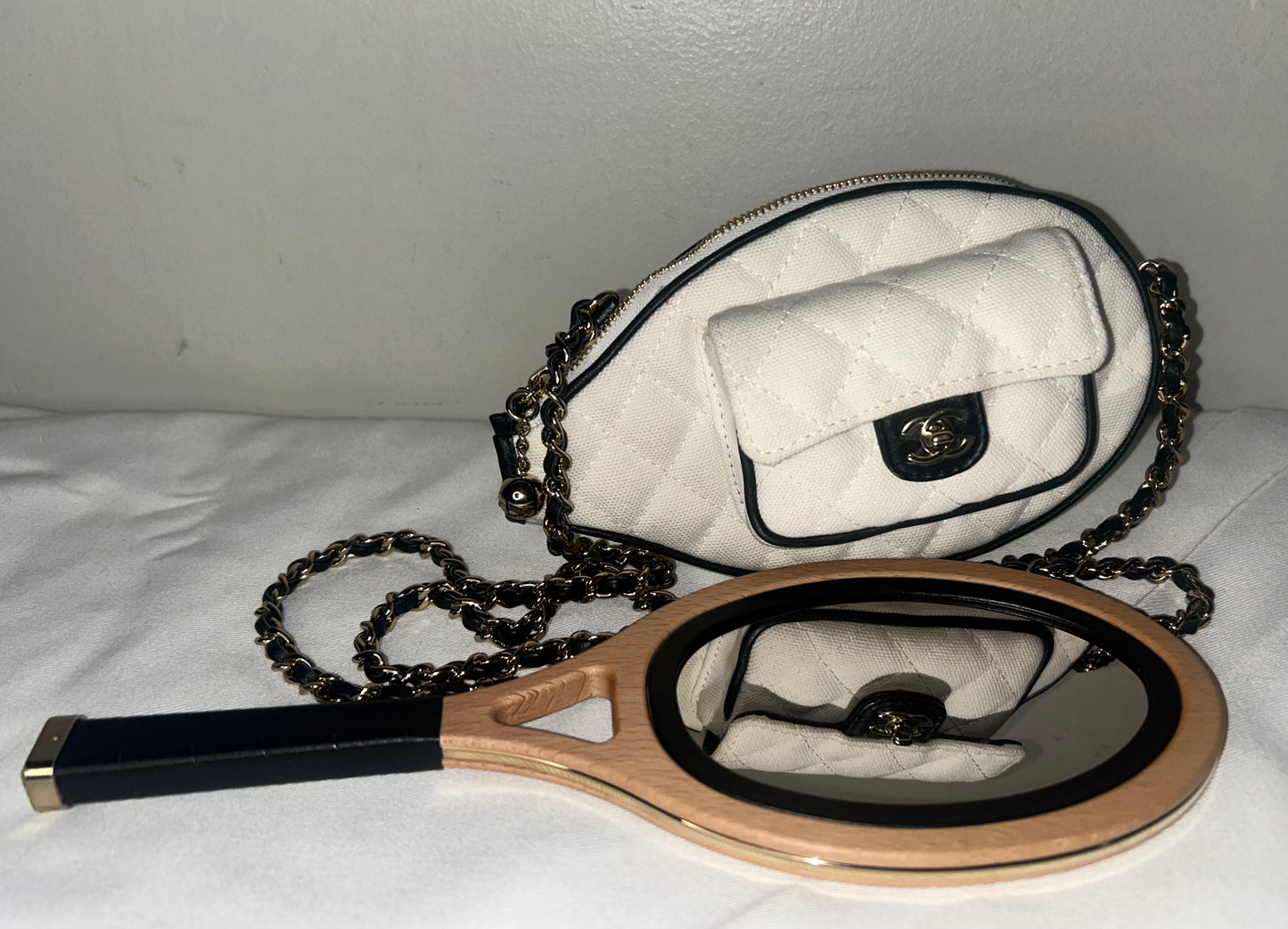 CHANEL 23C Tennis Racket Clutch Crossbody Bag with CC Vanity Mirror White/Black