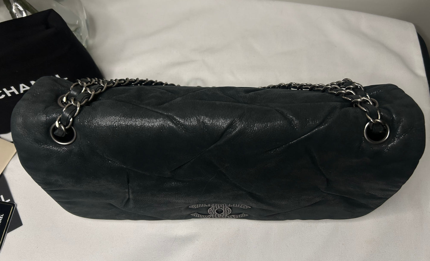 CHANEL Iridescent Calfskin Glint Large Flap Bag Charcoal Dark Grey
