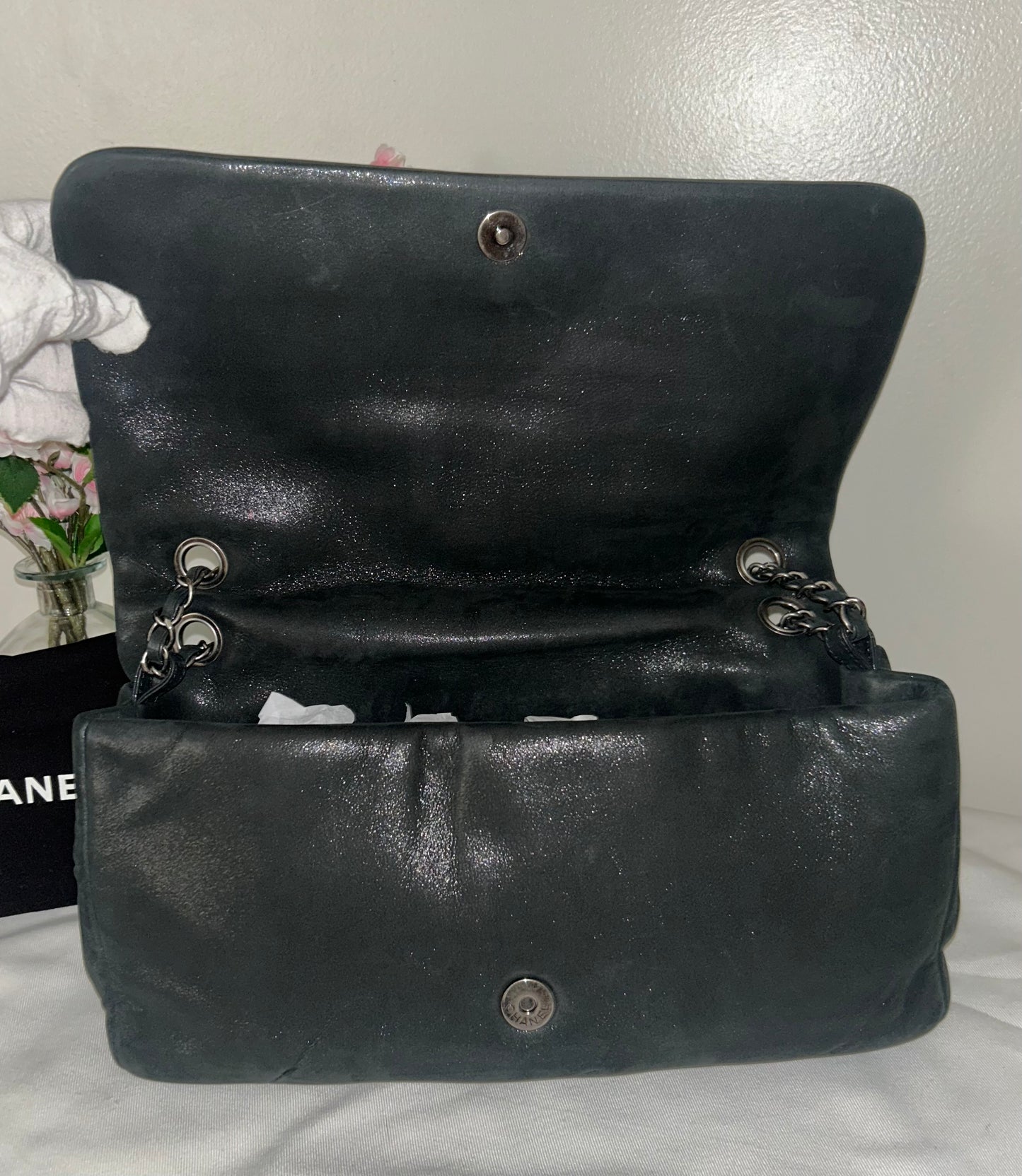 CHANEL Iridescent Calfskin Glint Large Flap Bag Charcoal Dark Grey