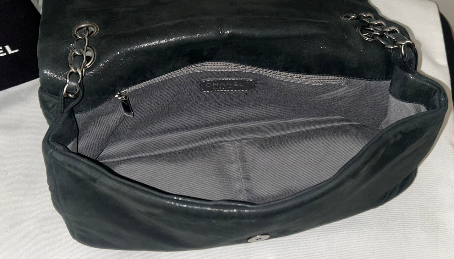 CHANEL Iridescent Calfskin Glint Large Flap Bag Charcoal Dark Grey
