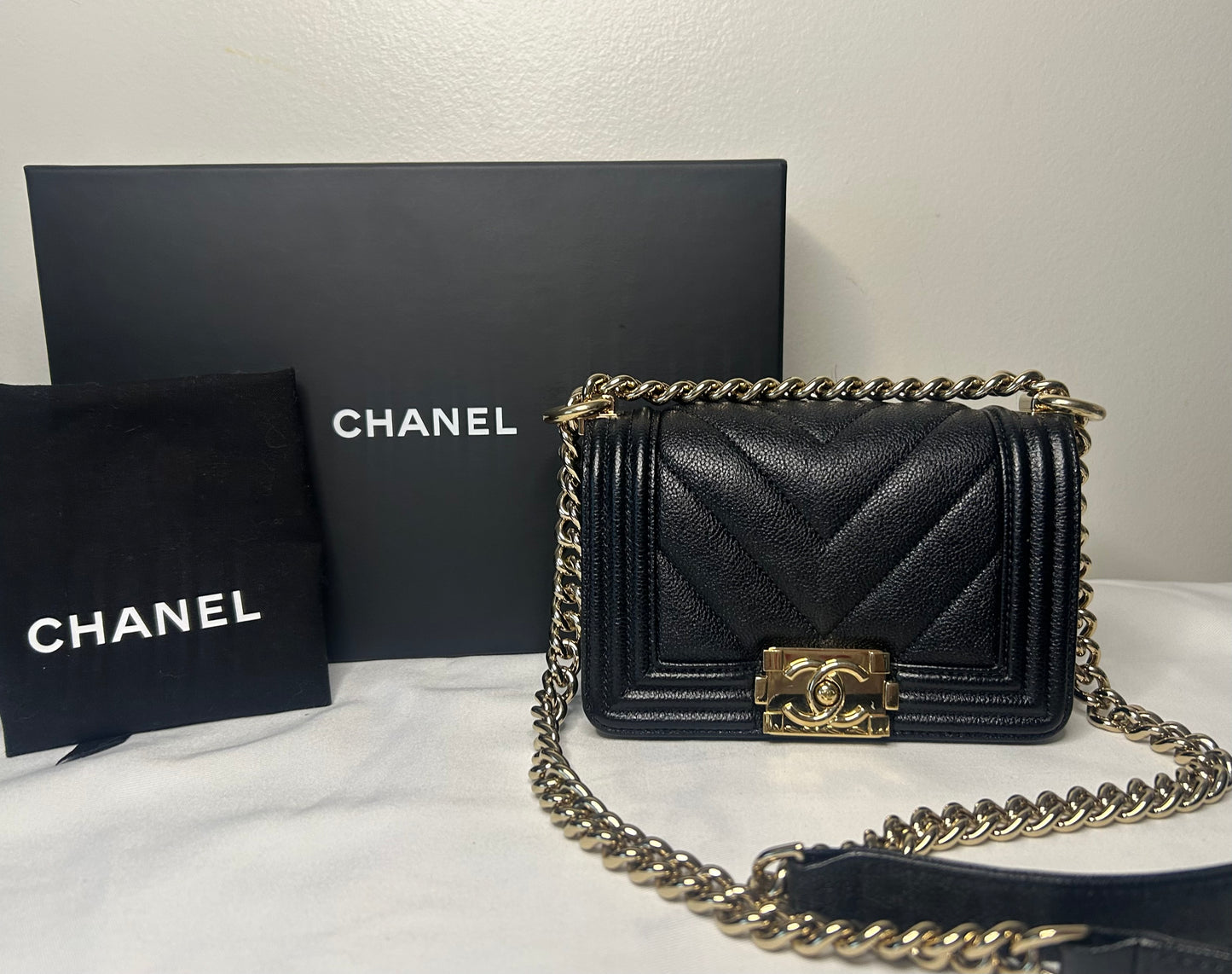 CHANEL Mini Boy Flap Bag Caviar Chevron Quilted Black/Gold