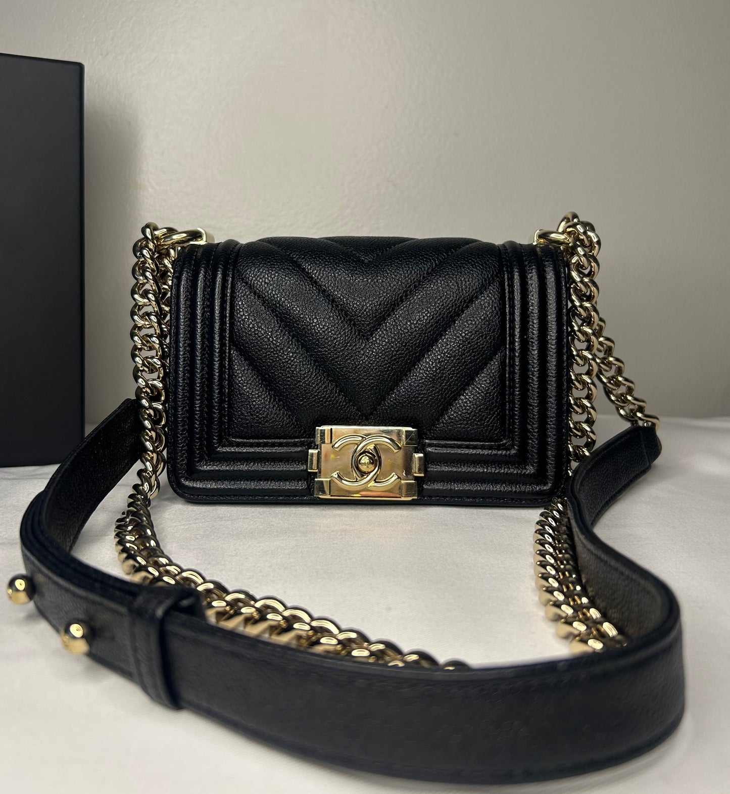 CHANEL Mini Boy Flap Bag Caviar Chevron Quilted Black/Gold