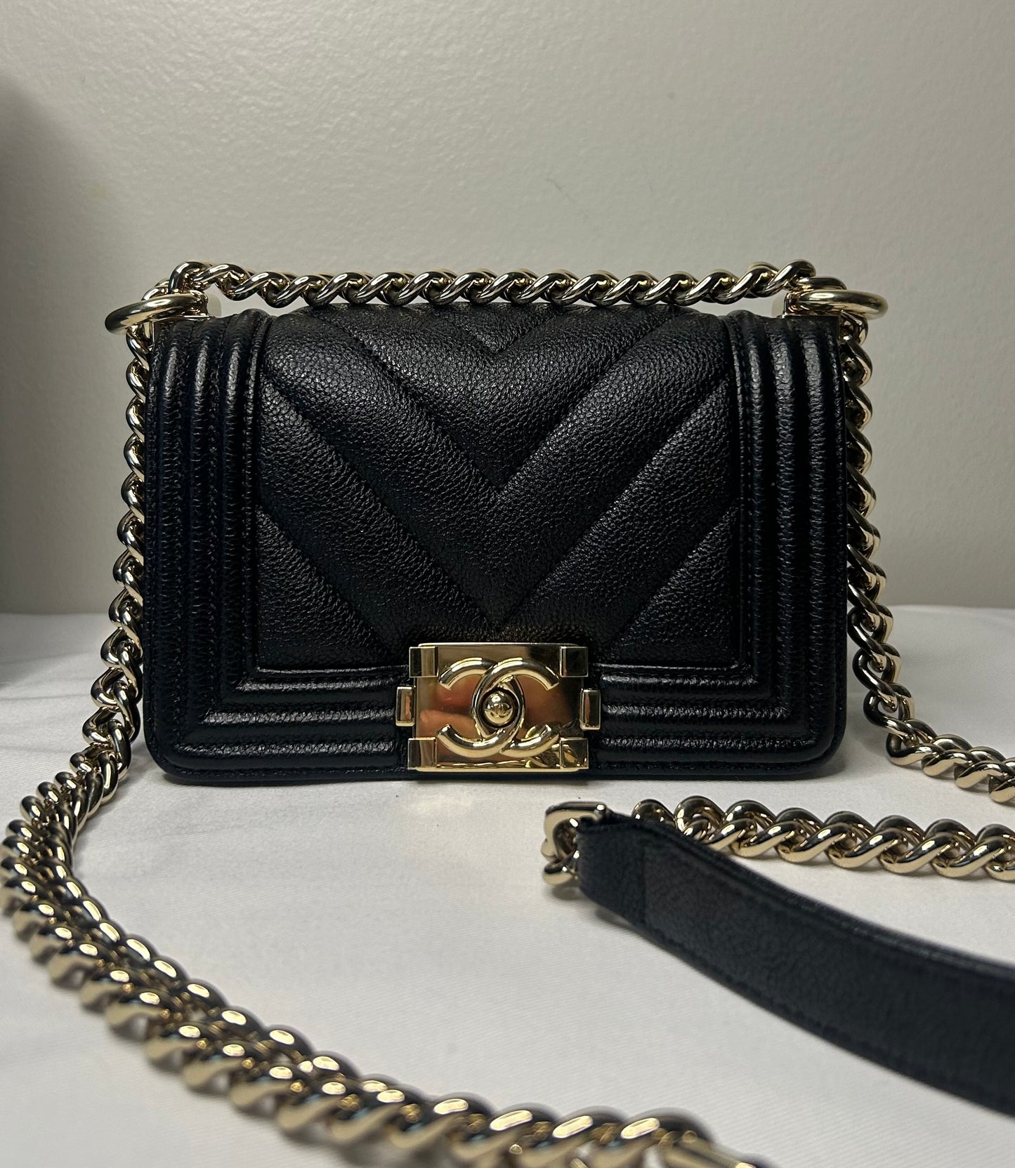 CHANEL Mini Boy Flap Bag Caviar Chevron Quilted Black/Gold
