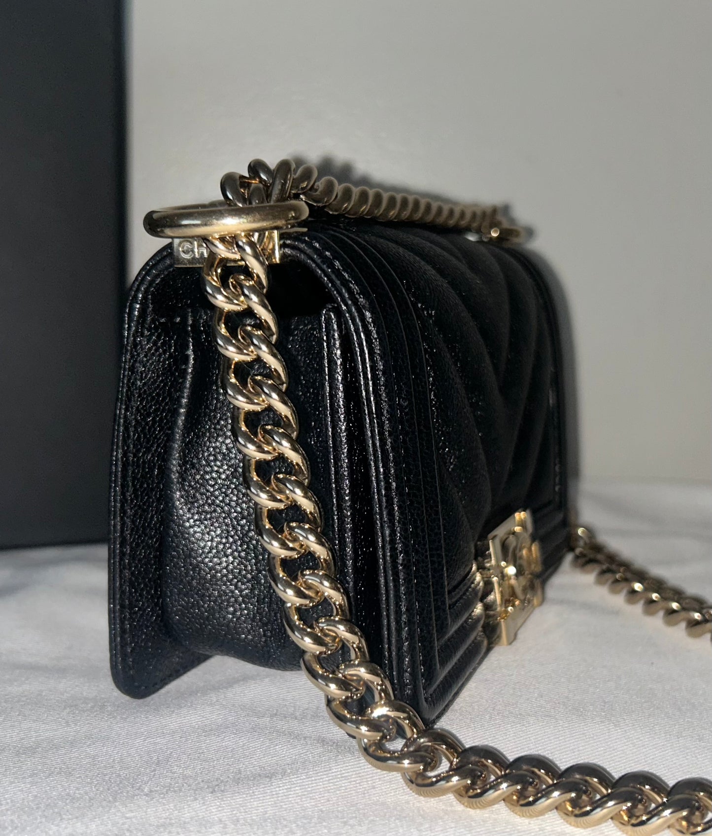 CHANEL Mini Boy Flap Bag Caviar Chevron Quilted Black/Gold